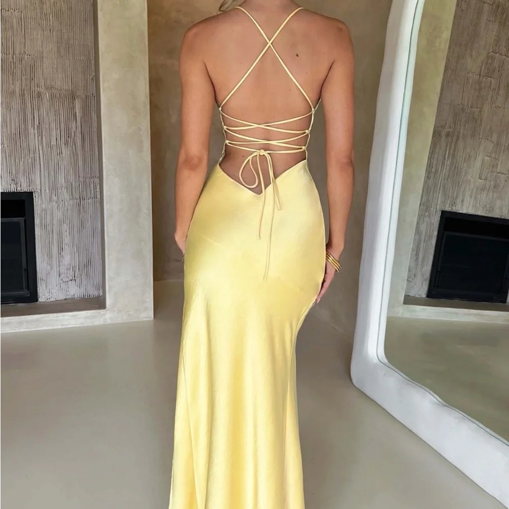 Sleek Yellow Satin Maxi Slip Dress with High Slit (Isobel Maxi Dress) - Picture 2 of 4